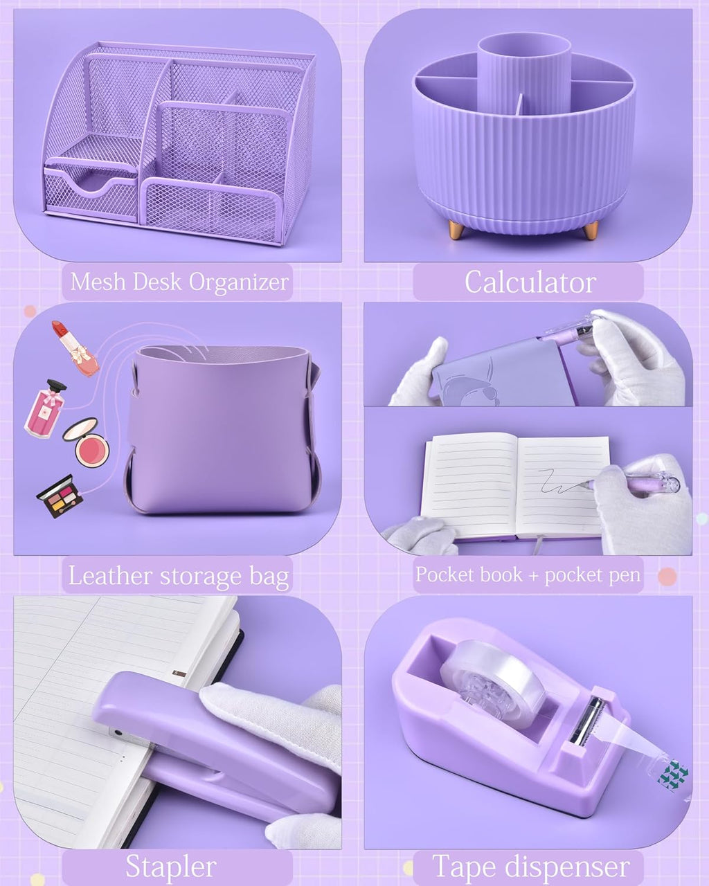 purple desk accessories and organizers with desk organizer, close-up detail