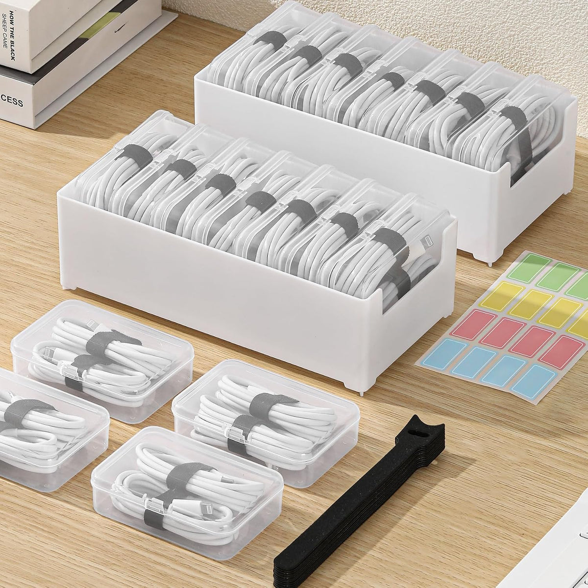 2 Pack Cable Organizer Box with 14 Clear Switch Case, Cable Straps and Label ...