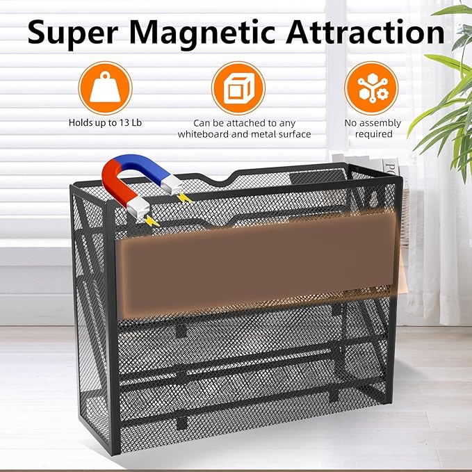 KZWKRG 4 Tier Magnetic File Holder, Large Capacity Mesh Hanging Wall Organizer - Image 4