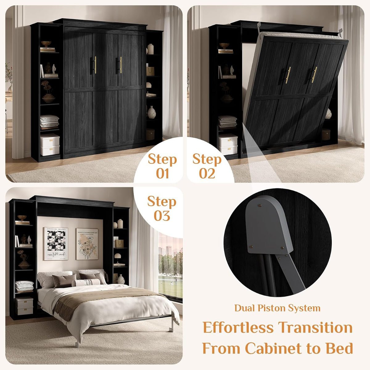 Rophefx Queen Murphy Bed Cabinet with 5-Tier Shelves, Wall Bed,Black Gray