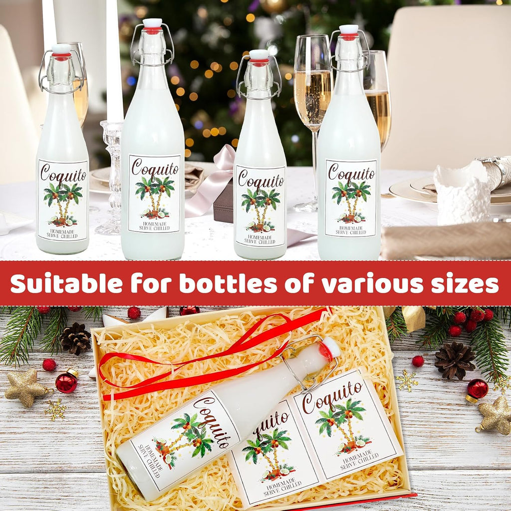 50 Sets Christmas Coquito Wine Bottle Label Stickers Kits - Cellophane Bags with Elegant Bottle Bow Decorations, Family Holiday Christmas New Year Party Supplies, Festive Table Decor (No Bottles)