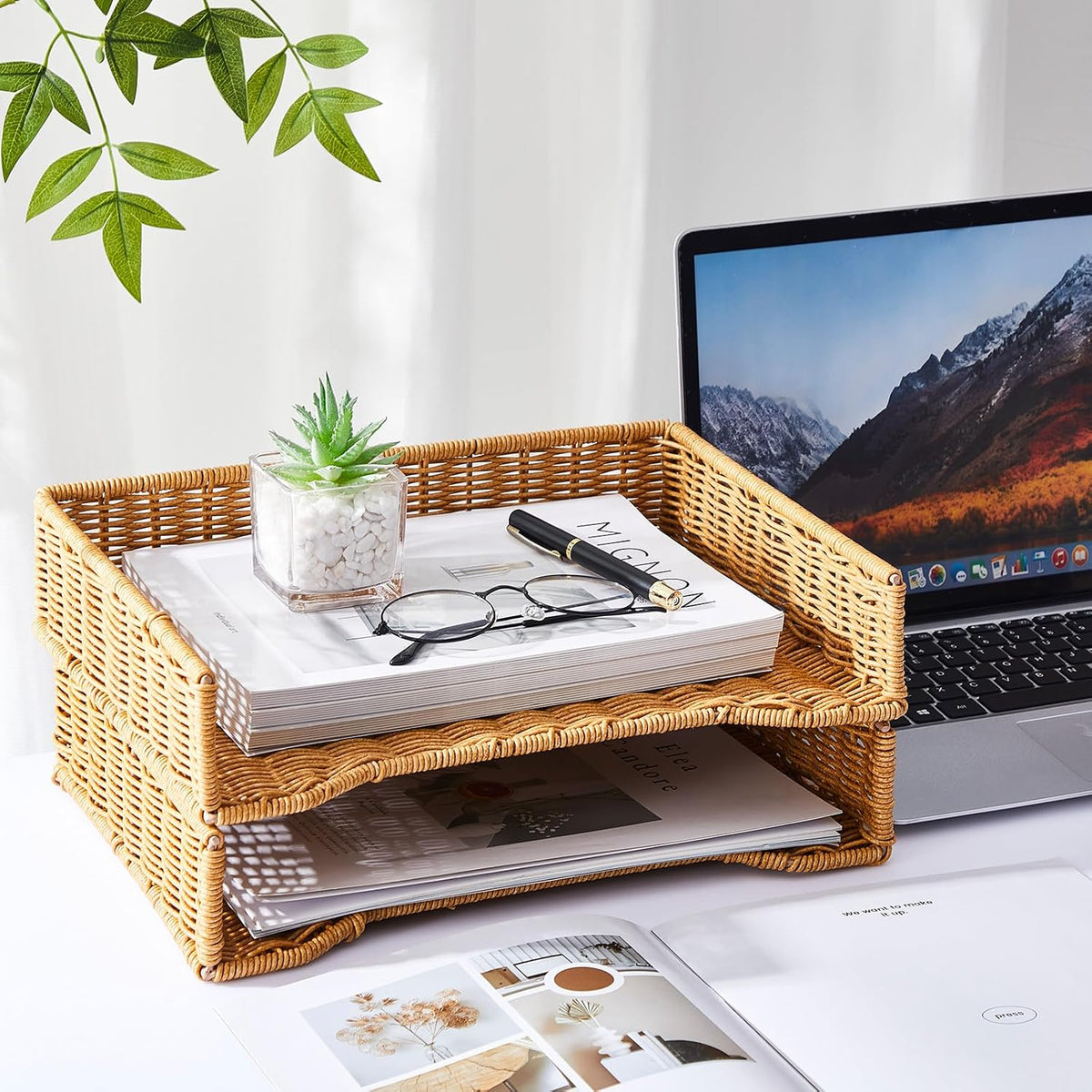 Yeaqee 2 Pcs Paper Tray Organizer for Desk Woven Letter A4 File Organizer