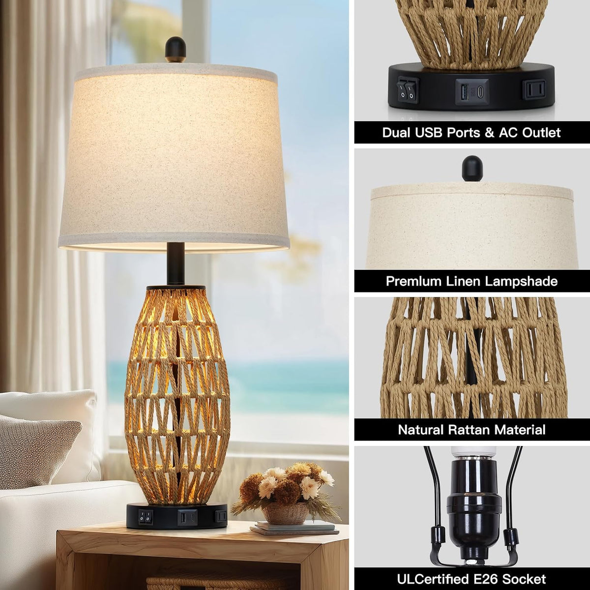 27" Boho Rattan Table Lamp Single, Wicker Bedroom Lamp with Night Light,...