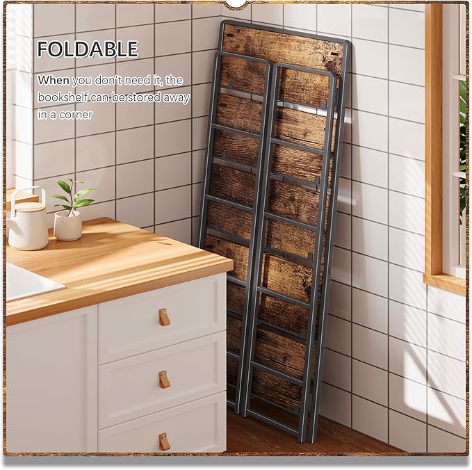 4NM No Assembly 5 Tiers Folding Bookshelf Storage Shelves Vintage Bookcase - Image 4