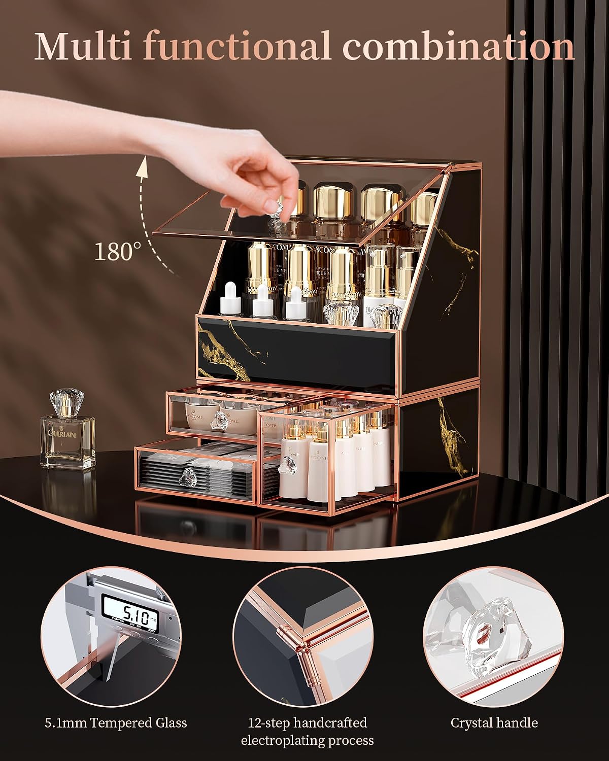 CoralHouse Glass Makeup Organizer with Lid and Drawer for Vanity, Black