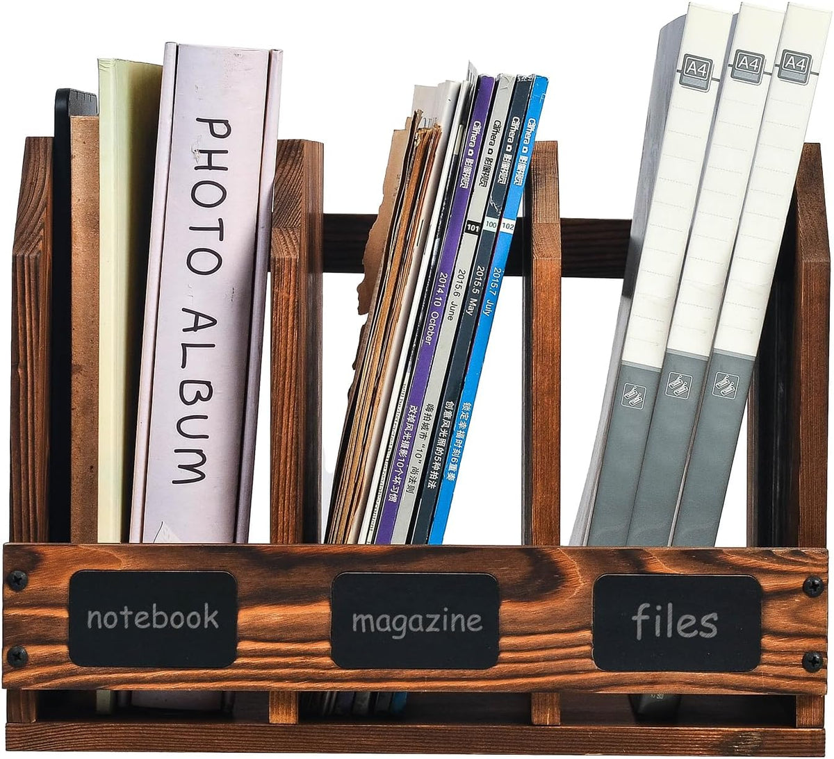 Rustic Torched Brown Wooden Desktop Document Organizer Office Chalkboard Labe...