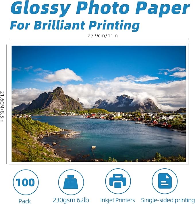 Uinkit 100 Sheets Thick Inkjet Glossy Photo Paper Picture 8.5x11 62lb 230g - Image 2