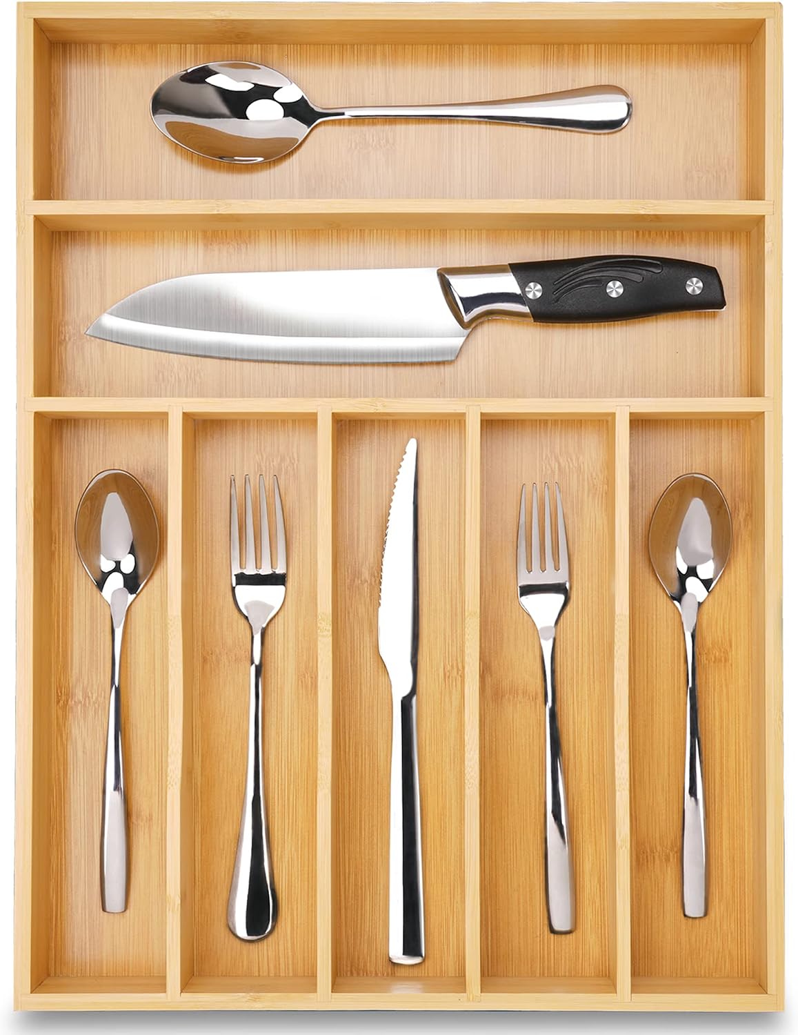 13" Bamboo Kitchen Drawer Organizer,7 Slots Silverware Cutlery Organizer