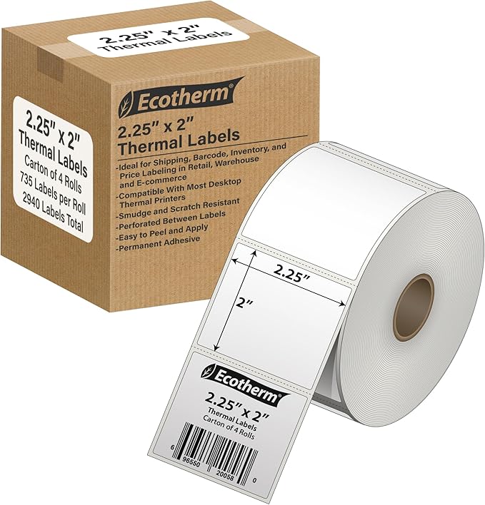 2.25" x 2" Thermal Labels | 4 Rolls | 2940 Labels | fits Zebra, Offnova Thermal by EcothermProducts