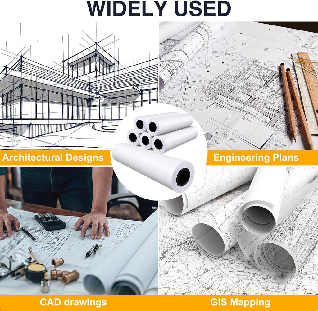 VOISEN Wide Format Paper,6 Rolls Plotter Paper 24 In x 150 Ft, CAD Bond Rolls,20lb,Bond Paper on 2" Core for CAD Printing on Wide Format Ink Jet Printers