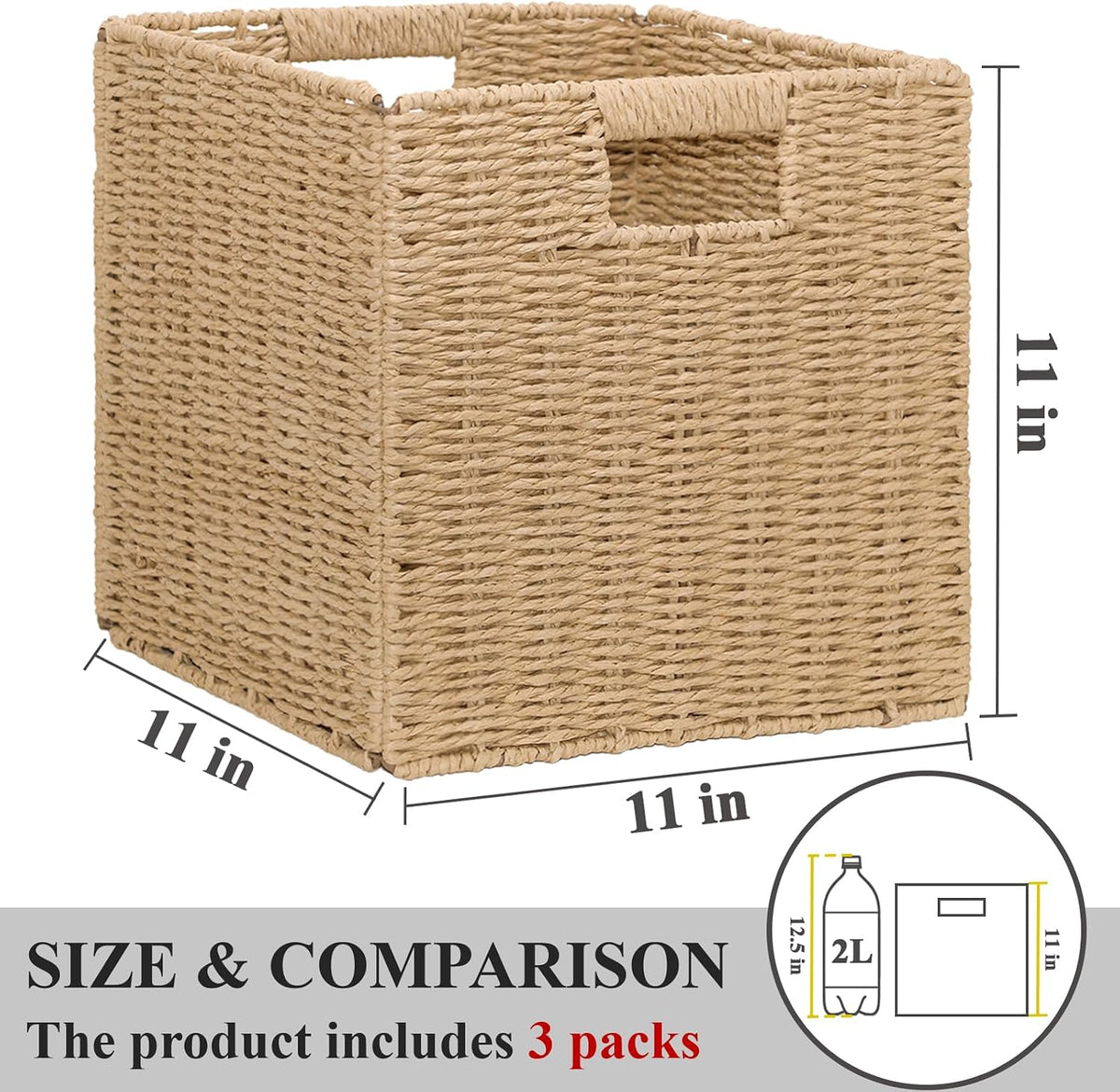 Wicker Storage Baskets for Organizing, 3 Pack Rustic Foldable Square Basket f...