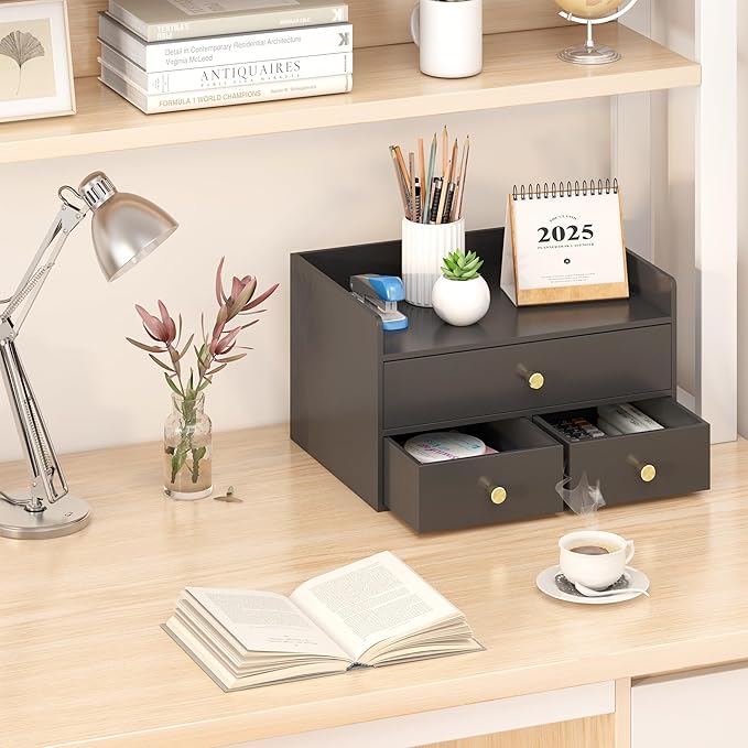 Bamboo Desk Organizer with Drawers Wooden Desktop Storage Drawers - Image 5
