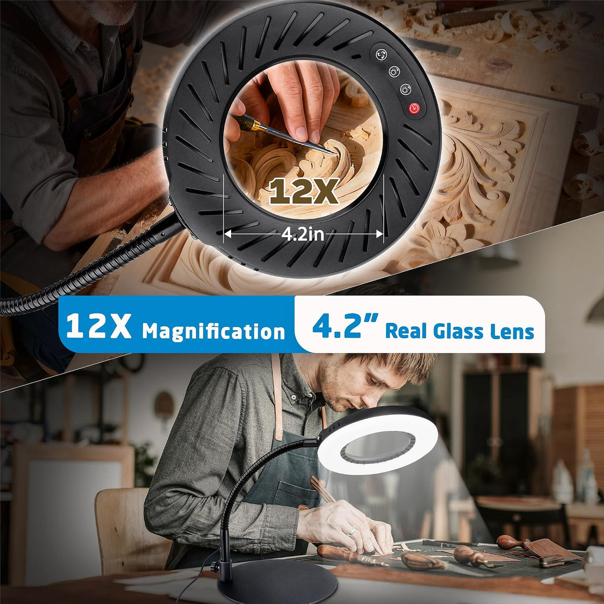 12X Magnifying Glass with Light and Stand, LED Magnifying Lamp with Clamp