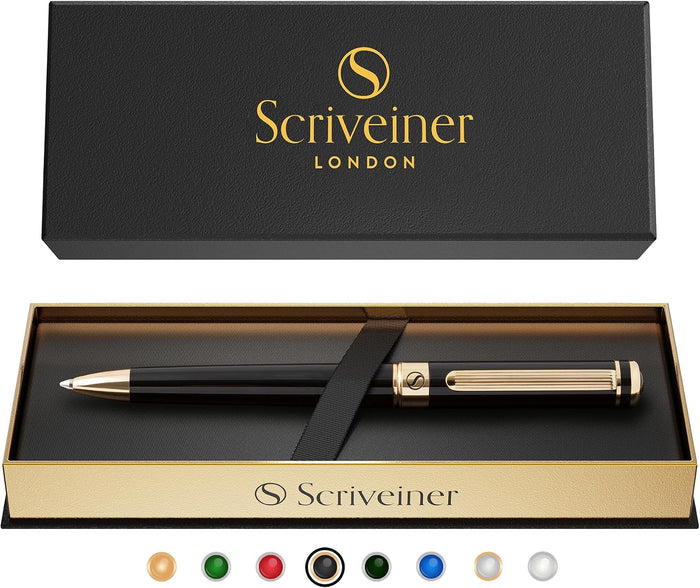 Scriveiner Black Lacquer Ballpoint Pen -Stunning Luxury Pen, Real Gold Plating, Schmidt Black Refill, Best Gift Set for Men & Women, Professional Executive Office, Nice Fancy Designer Pens