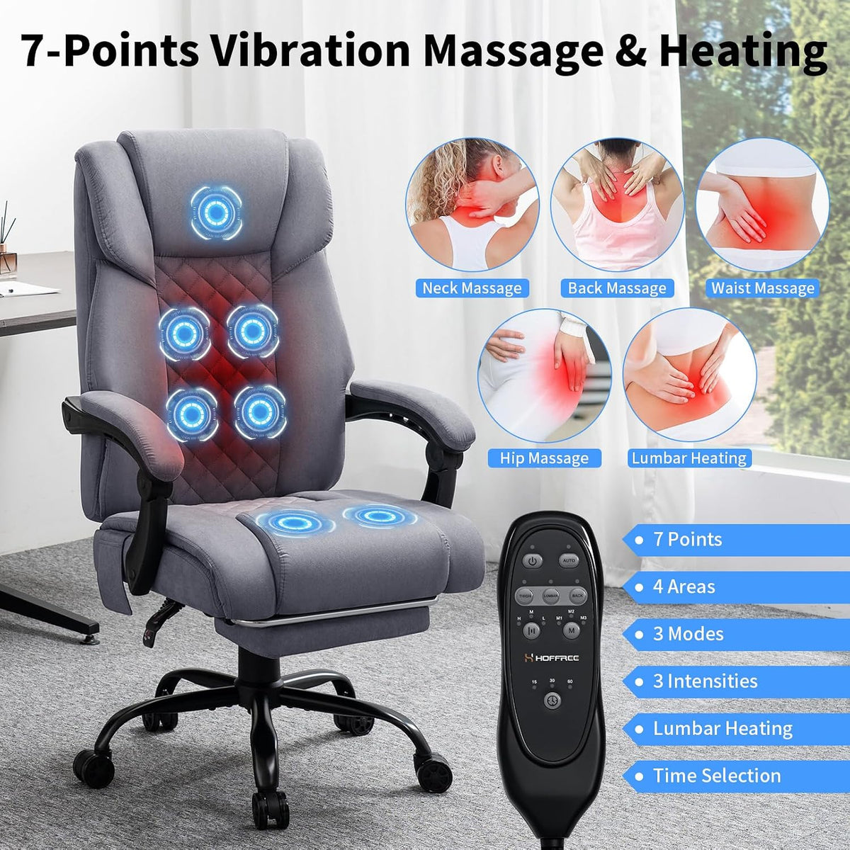 HOFFREE Massage Office Chair with Heat 7 Points Vibration(Grey Fabric)