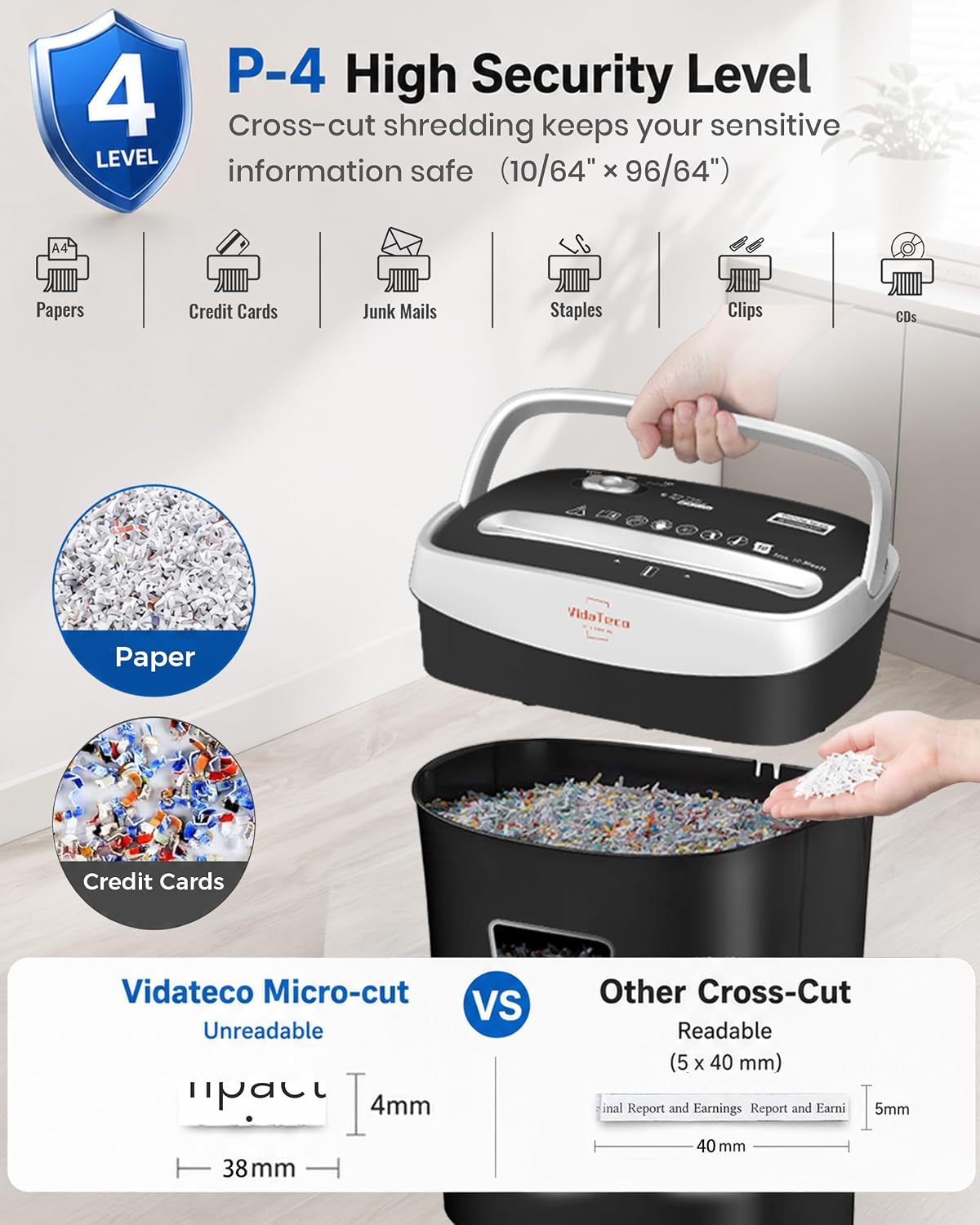 VidaTeco 10-Sheet Cross Cut Paper Shredder for Home Office, 3.9-Gallon Bin