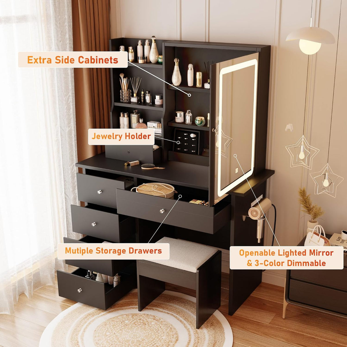 Vanity Desk with Mirror and LED Lights, Makeup Vanity Set with Power Outlet, ...