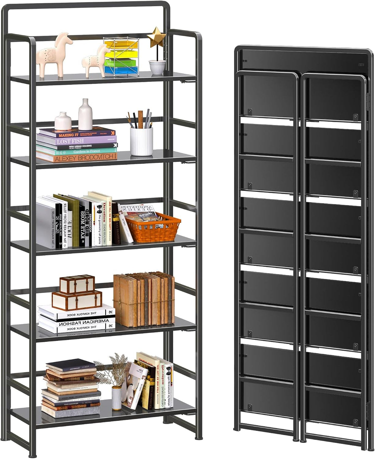 4NM No Assembly 5 Tiers Folding Bookshelf Storage Shelves Vintage Bookcase