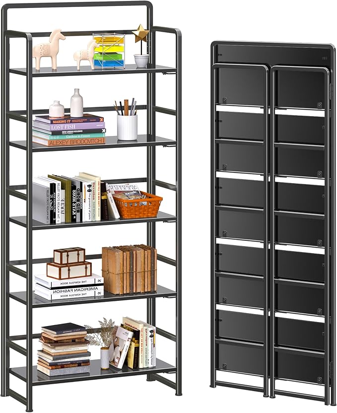 4NM No Assembly 5 Tiers Folding Bookshelf Storage Shelves Vintage Bookcase by 4NM