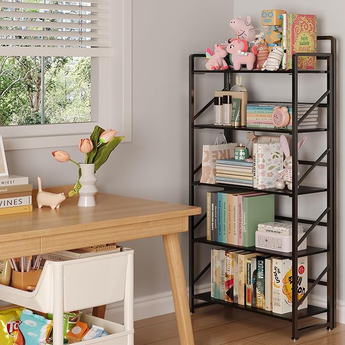 JSB No Assembly Folding Bookshelf, 5 Tier Industrial Metal Book Shelf - Image 2