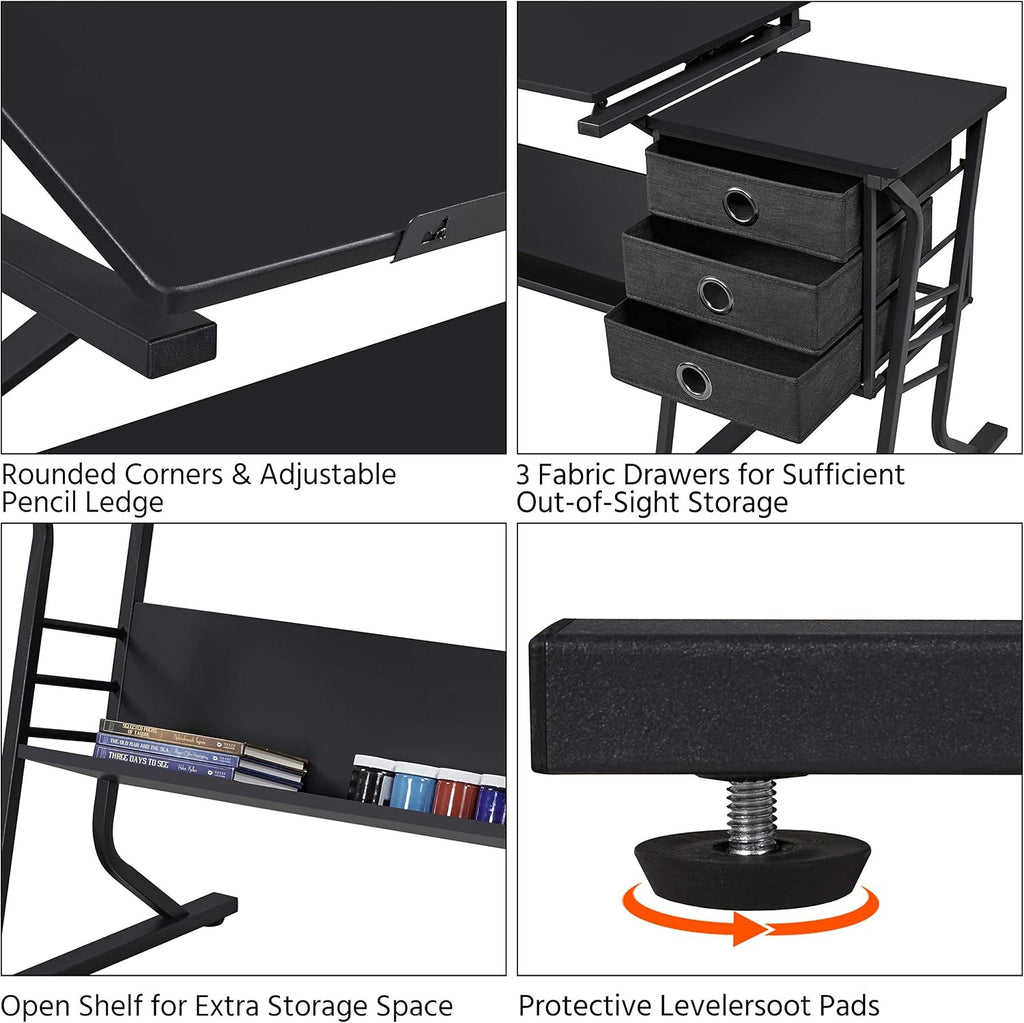 Yaheetech Tilting Drafting Table Art Craft Desk with Stool, Drawers, Black | Steel frame and MDF top adjusts 0-40° for drawing or diamond painting; 3 drawers and shelf organize supplies in small spaces.