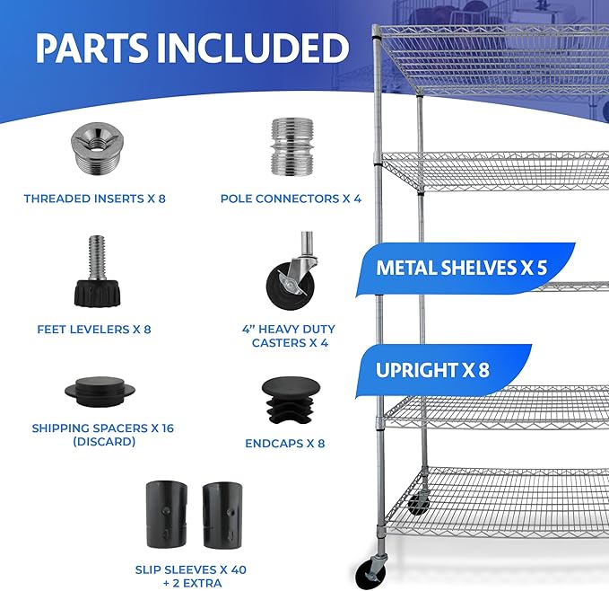 4000 LBS Heavy Duty Wire Rack 48 x 18 x 76, 5-Tier NSF Commercial Rolling Rack - Image 7