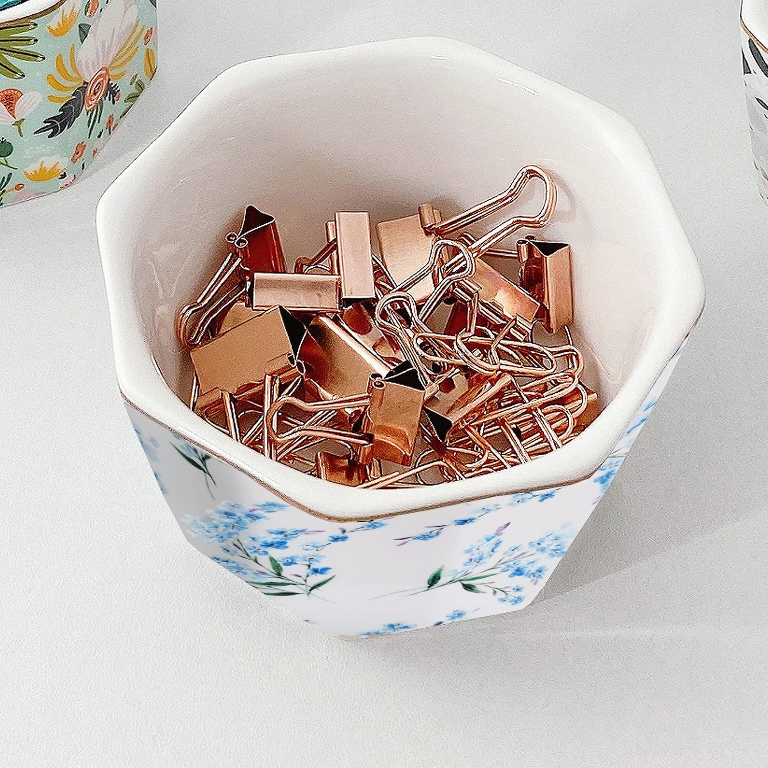 Ceramic Paper Clip Holder With Gold Line Geometric Floral Paper Clip Dispenser for Desk Cute Paper Clip Organizer Office Binder Clip Holder Gift for Office Blue Flowers