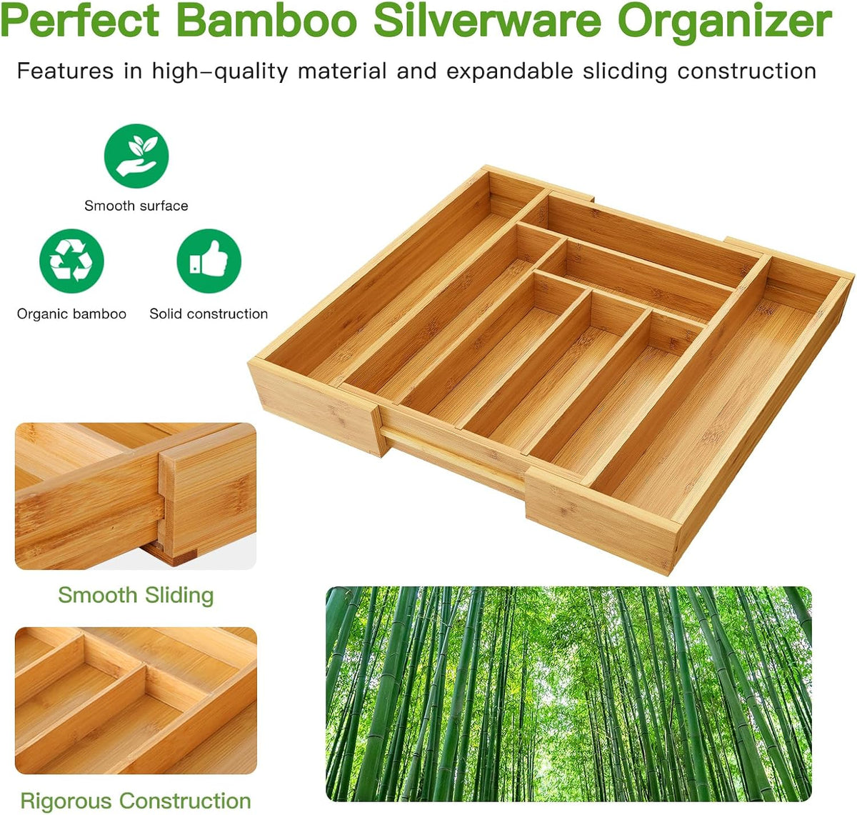 Pipishell Expandable Bamboo Silverware Organizer, Large Kitchen Drawer Tray