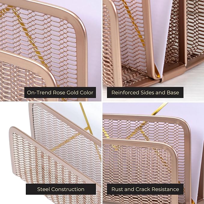 BLU MONACO Rose Gold Metal Mesh Letter Sorter | 3-Slot Vertical Mail Organizer - Image 2