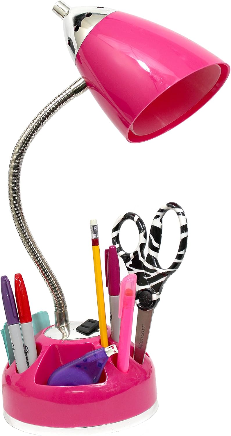 Simple Designs LD1015-PNK Flossy Organizer Desk Lamp with Charging Outlet and...