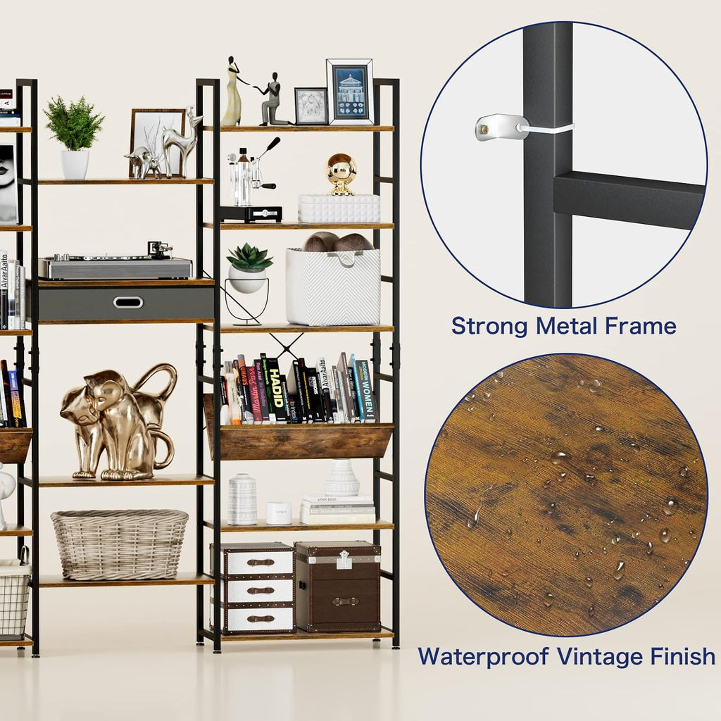 numenn triple wide 6 tier bookshelf, adjustable rustic on a desk or shelf