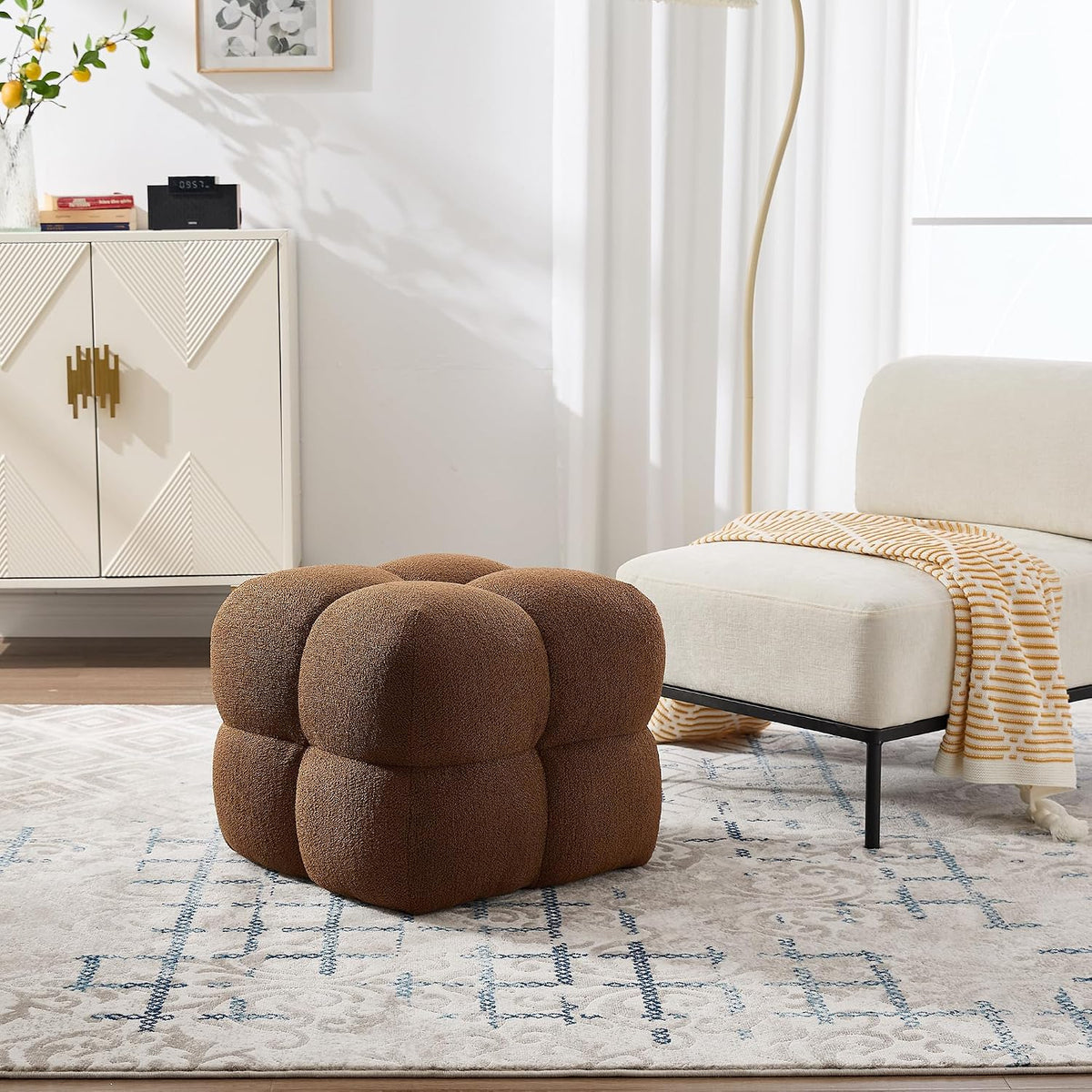 ONEVOG 21" Rust Brown Modern Ottoman, Square Fuzzy Couch Sherpa Pouf Ott...