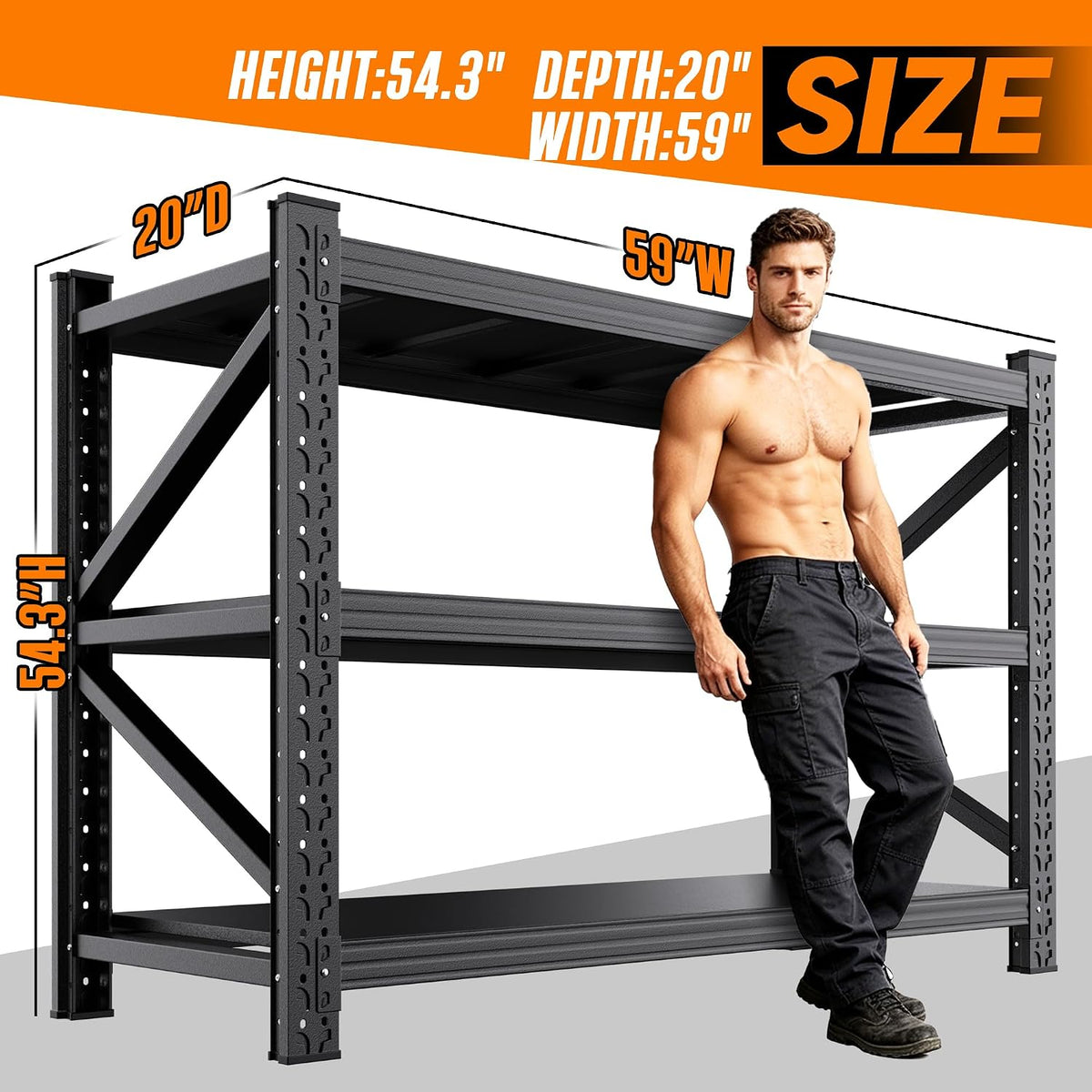 59" w metal storage shelves,3 tier adjustable heavy, close-up detail