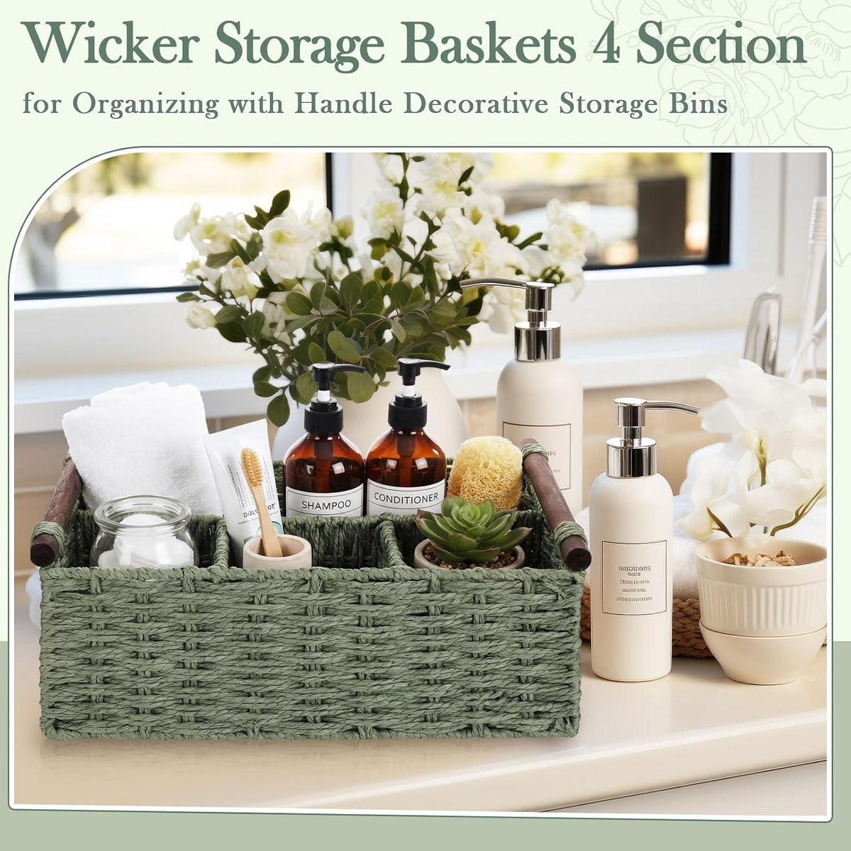 Remerry Sage Green Bathroom Countertop Organizer Caddy, Wicker-Like Divided B...