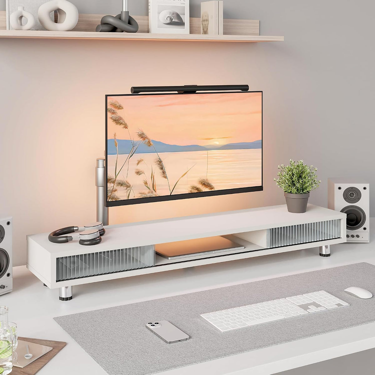 Fenge Dual Monitor Stand with Storage, Desk Shelf with Glass Sliding Door