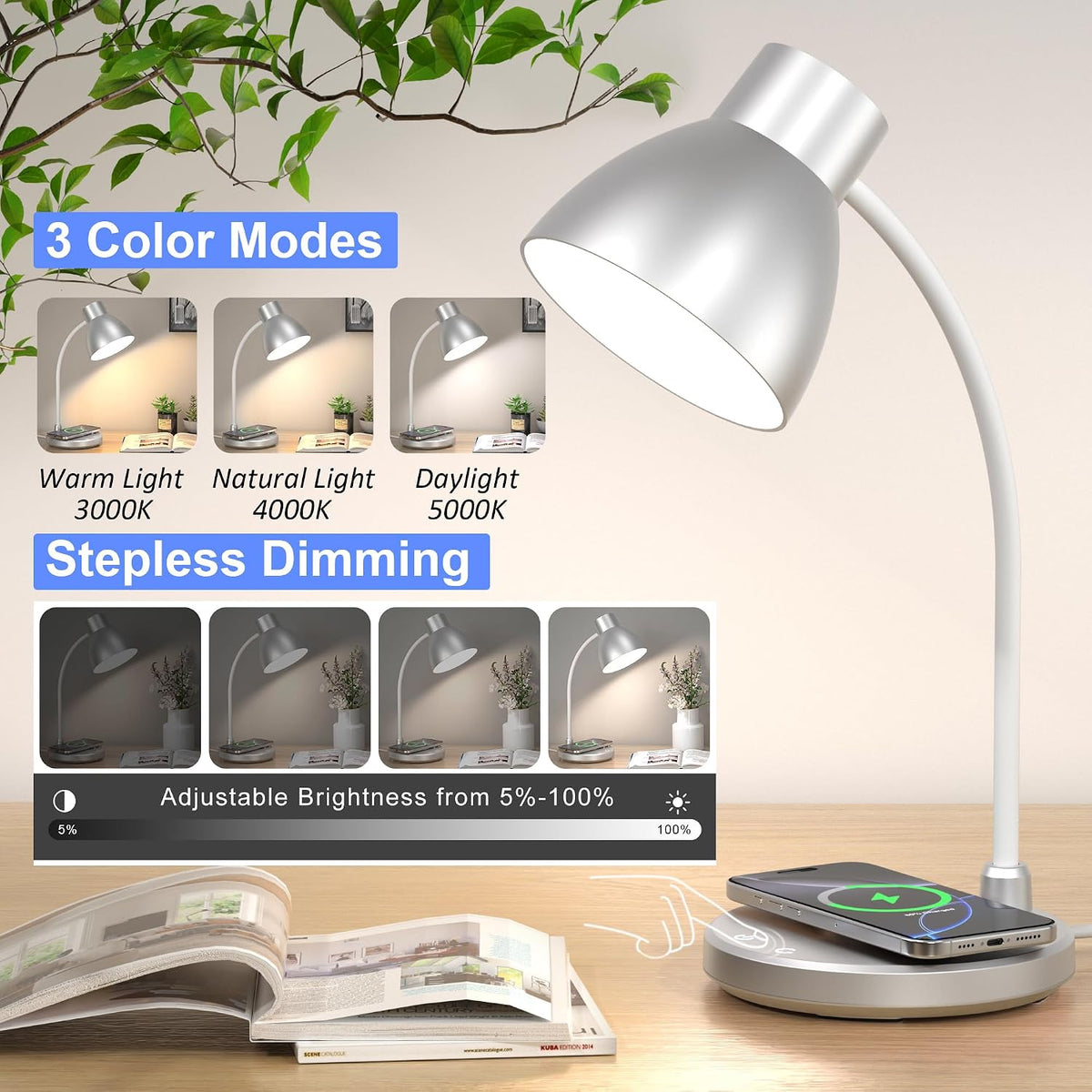 led desk lamp for home office with wireless, close-up detail