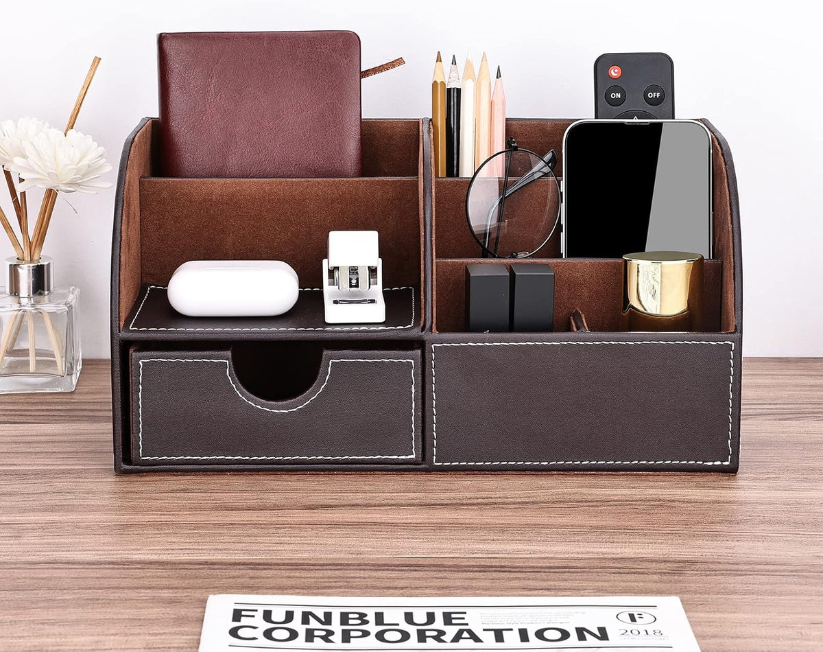 kingfom pu leather desk organizer pen pencil holder, front angle view