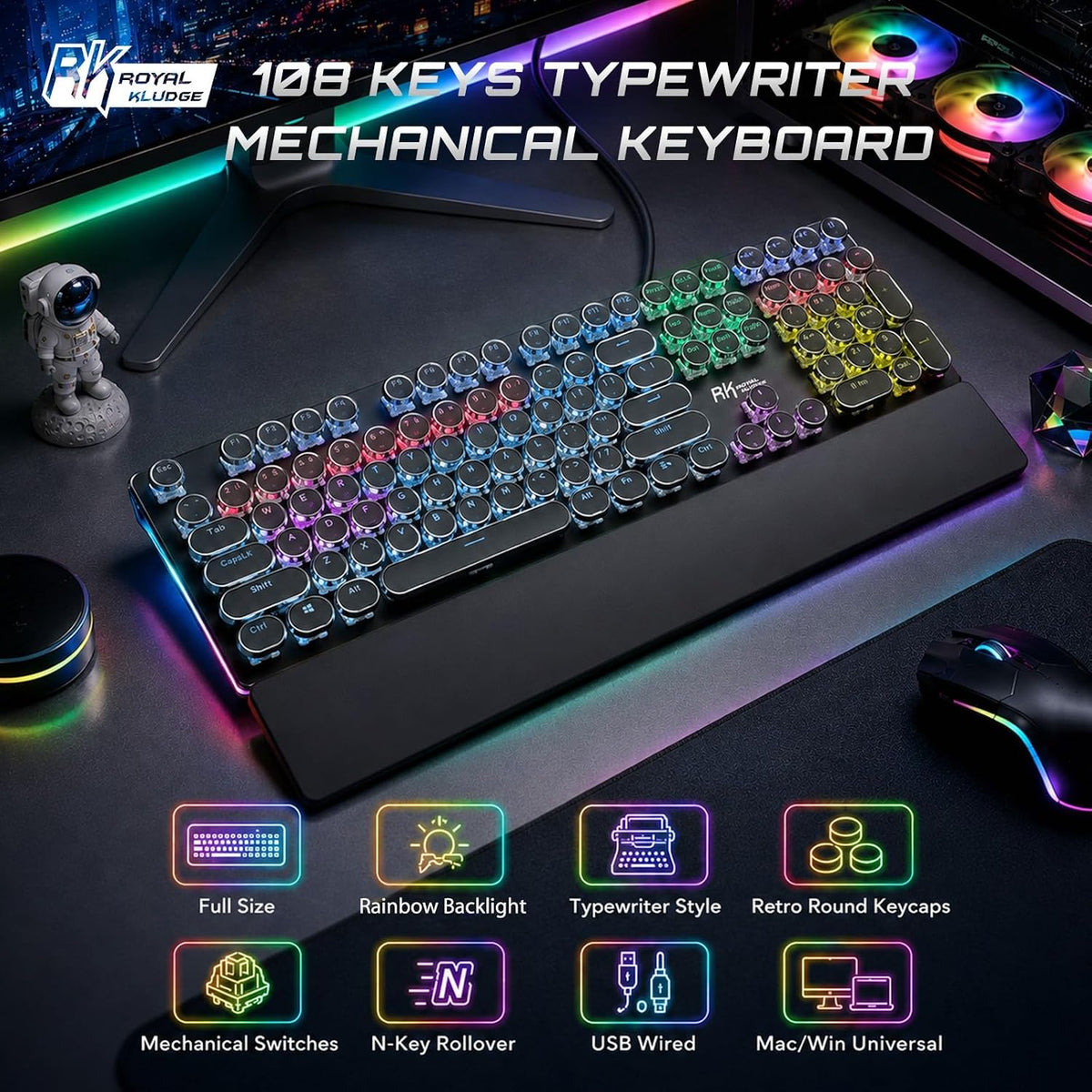 RK ROYAL KLUDGE S108 Typewriter Mechanical Keyboard, Wired Gaming Keyboard wi...