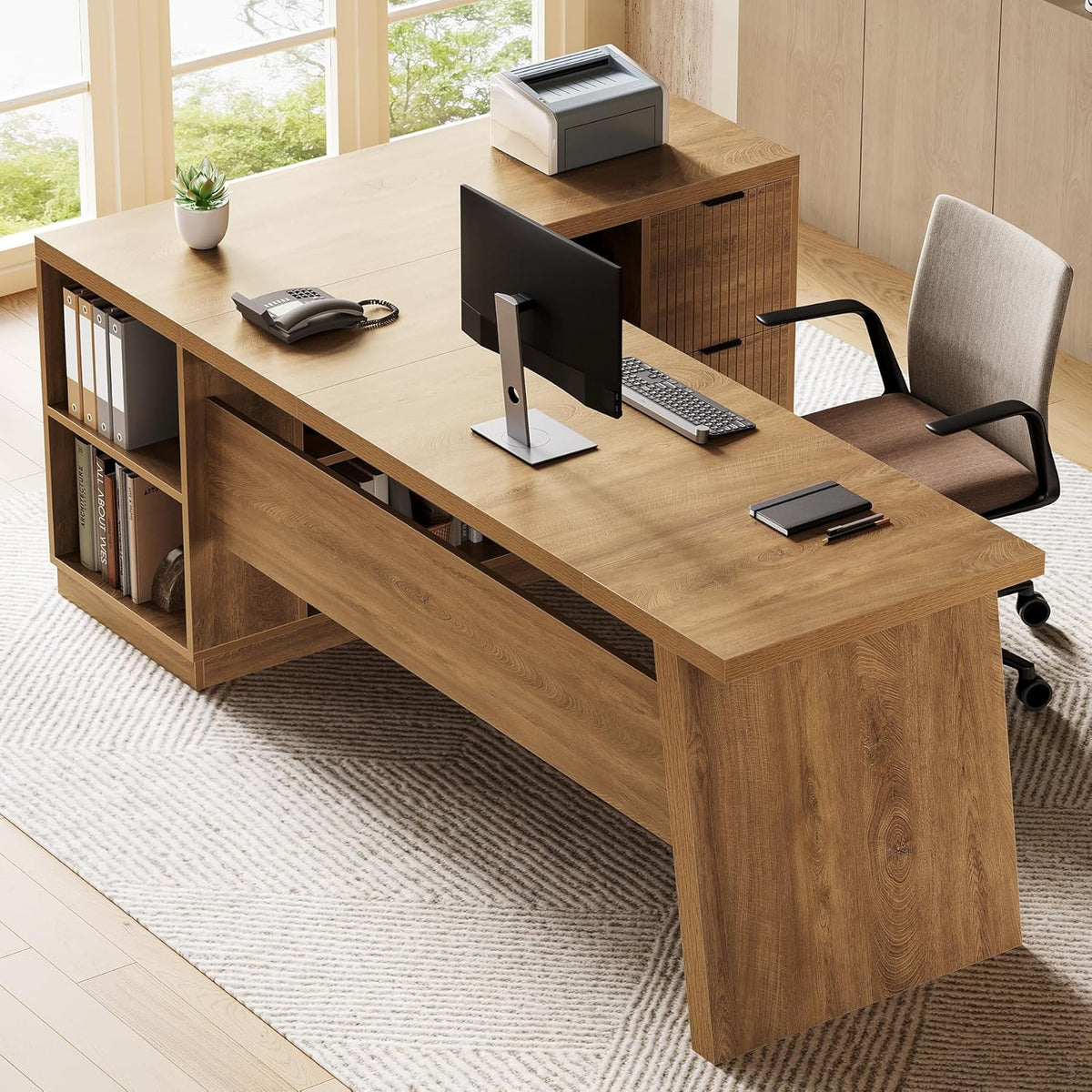 LITTLE TREE 78-Inch L-Shaped Executive Desk, Modern Desk with Drawers & F...