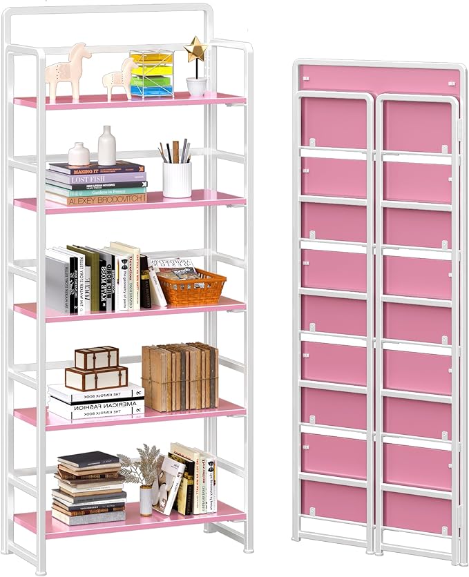 4NM No Assembly 5 Tiers Folding Bookshelf Storage Shelves Vintage Bookcase by 4NM