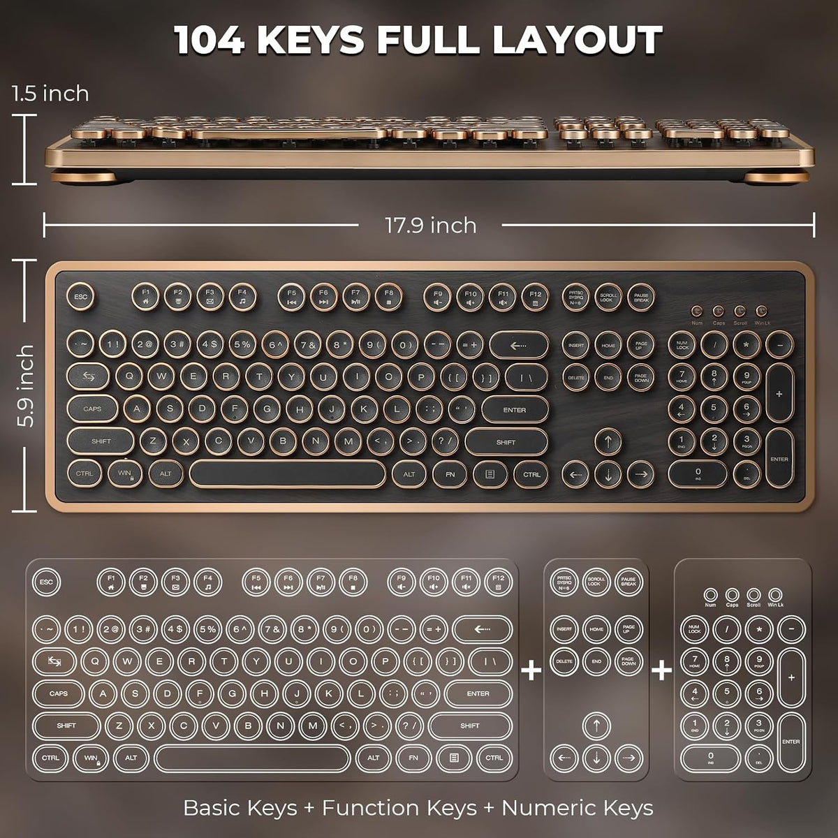 GLENCREAG RK104 Retro Mechanical Keyboard, Wired 104 Keys Typewriter Style wi...