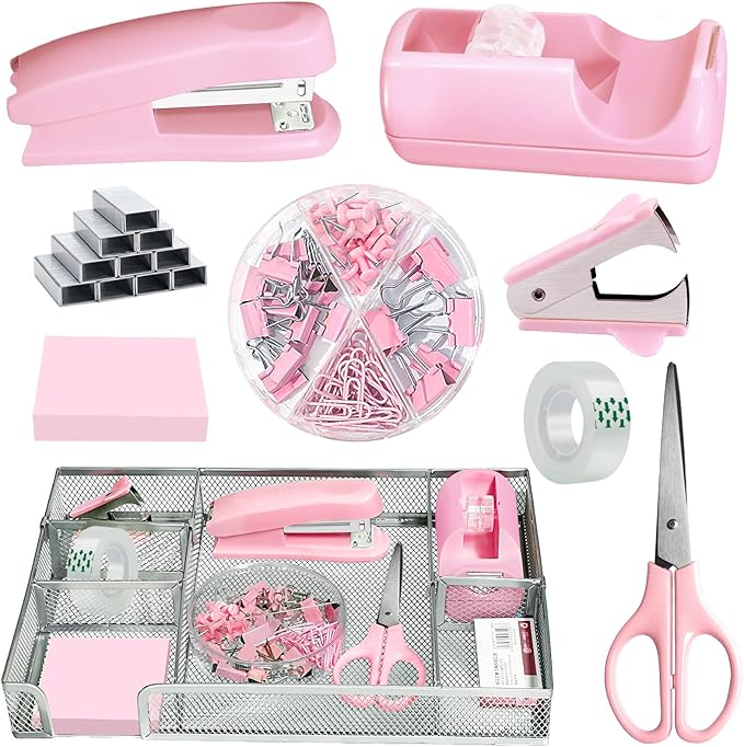 Pink Office Desk Accessories, Desk Drawer Organizer, Stapler and Tape Dispenser by Unknown