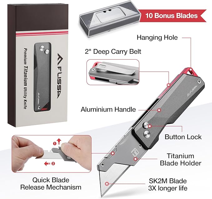 FLISSA Advanced Titanium Utility Knife, CNC Unibody, Lightweight All Metal - Image 6