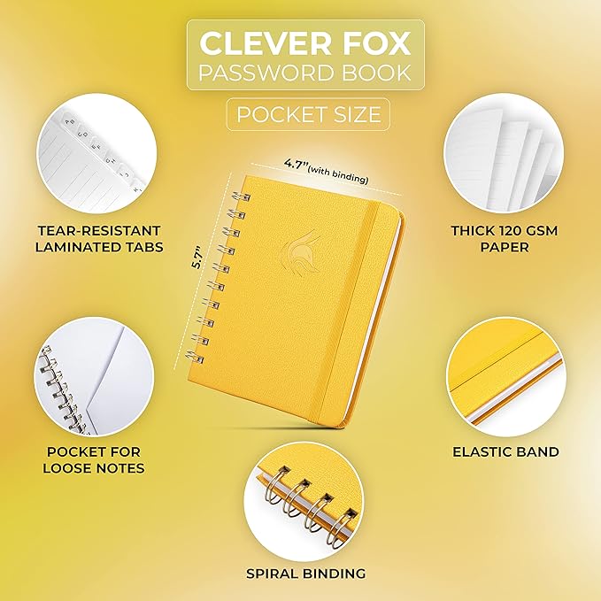 Clever Fox Password Book Spiral – Mini Internet Address & Password Organizer - Image 2