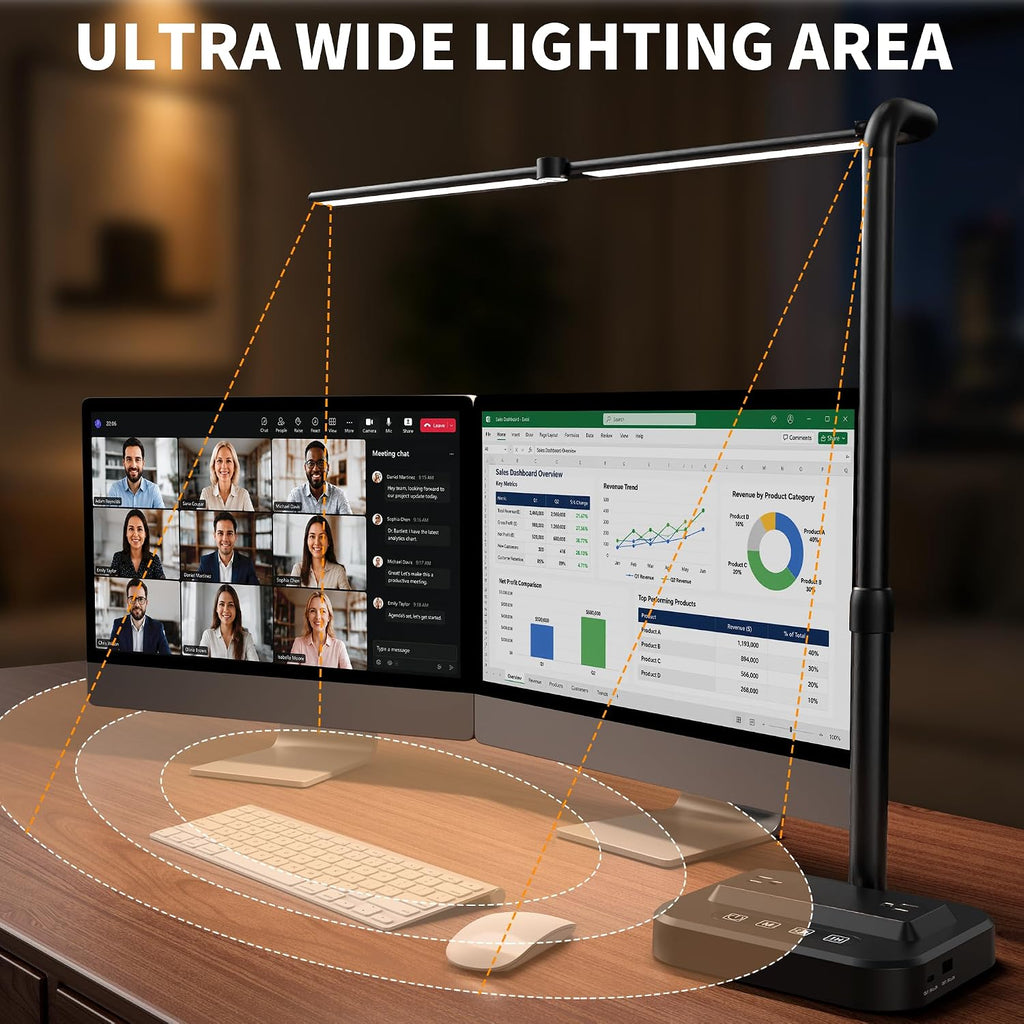 sibrille led desk lamp, ultra wide computer light, close-up detail
