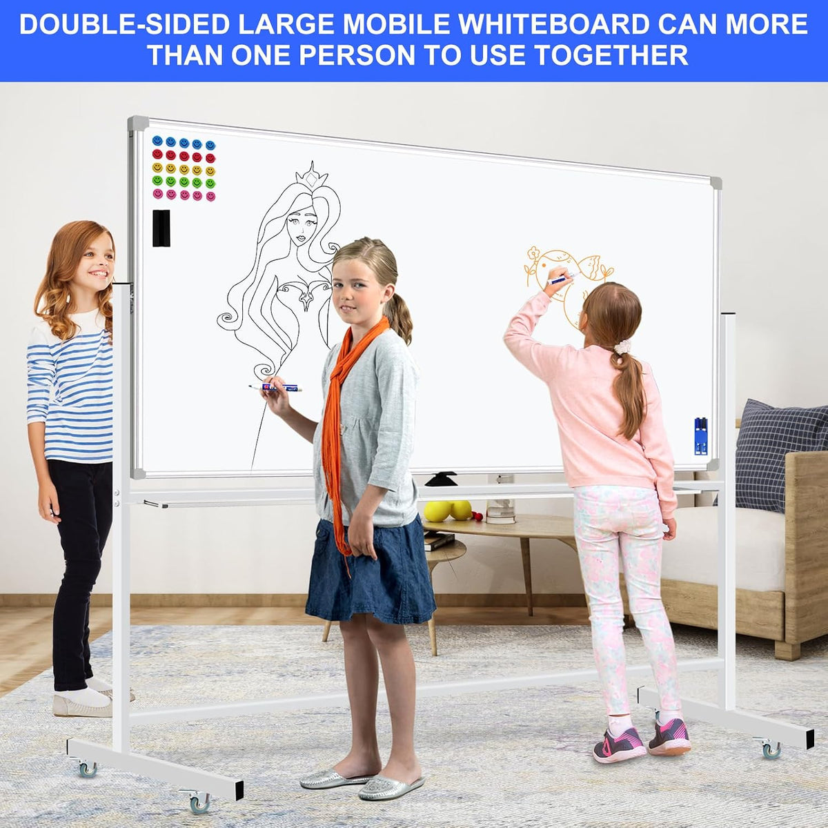 72"x40" Double-Sided Mobile Magnetic Whiteboard on Wheels | Large R...