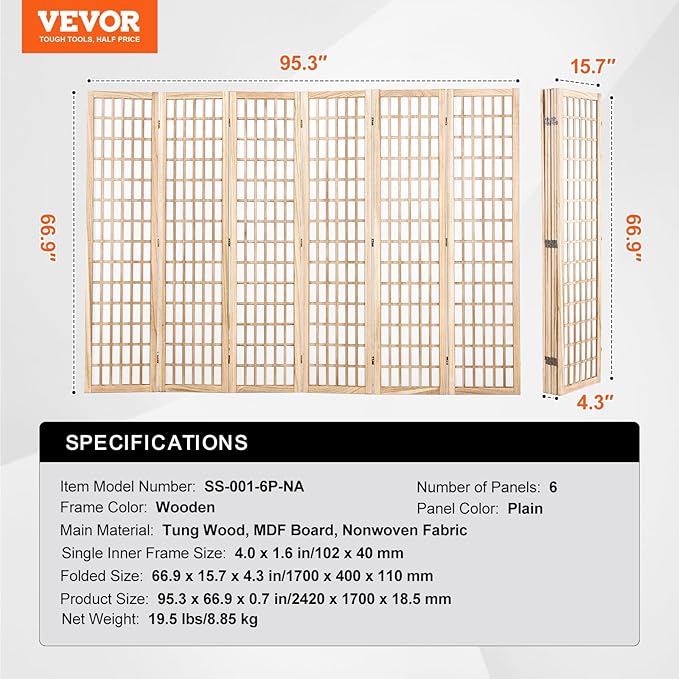 VEVOR Room Divider, 6 Panel Japanese Room Divider, Wood Folding Privacy Screen - Image 8