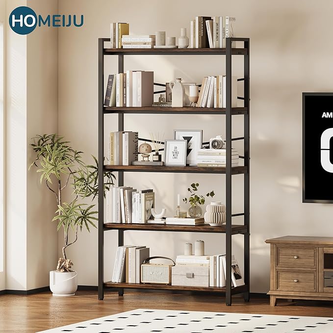 5 Tier Bookshelf 31.49" Width, Book Organizers and Storage, Wood and Metal Tall - Image 4