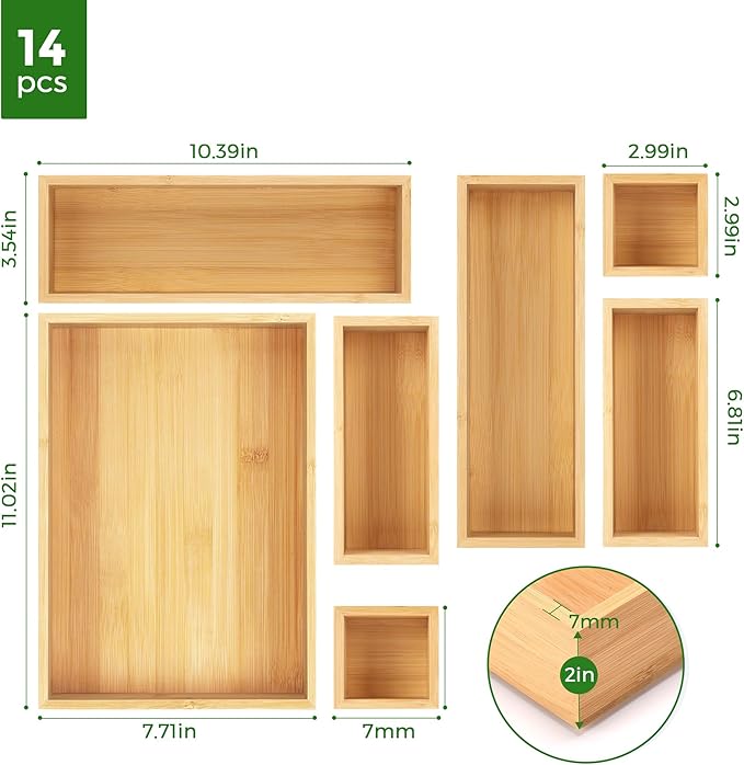 Bamboo Drawer Organizer Set, Junk Drawer Divider and Storage Trays Containers - Image 6