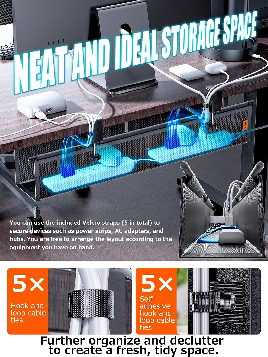 Under Desk Cable Management Tray, Mesh Fabric - Excellent Heat Dissipation